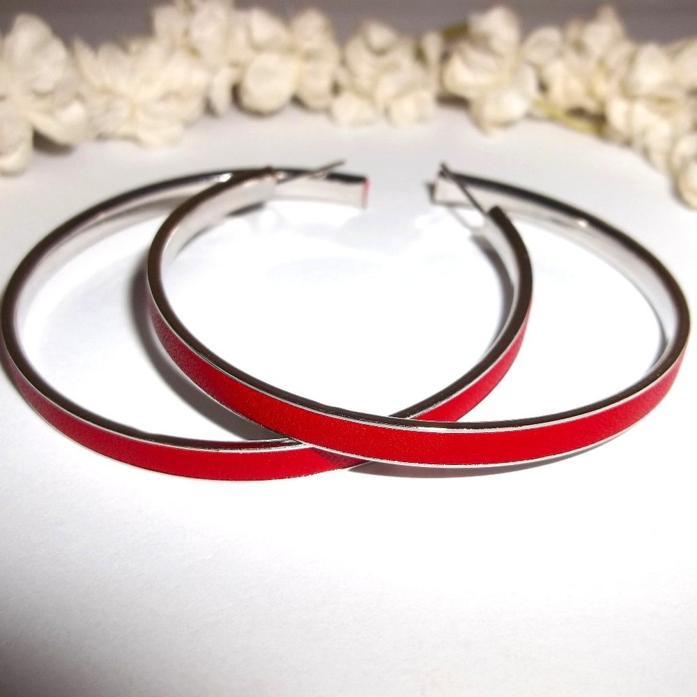 Big Hoop Earring Silver with Red Faux Leather Post Stud Costume Jewelry Set C141